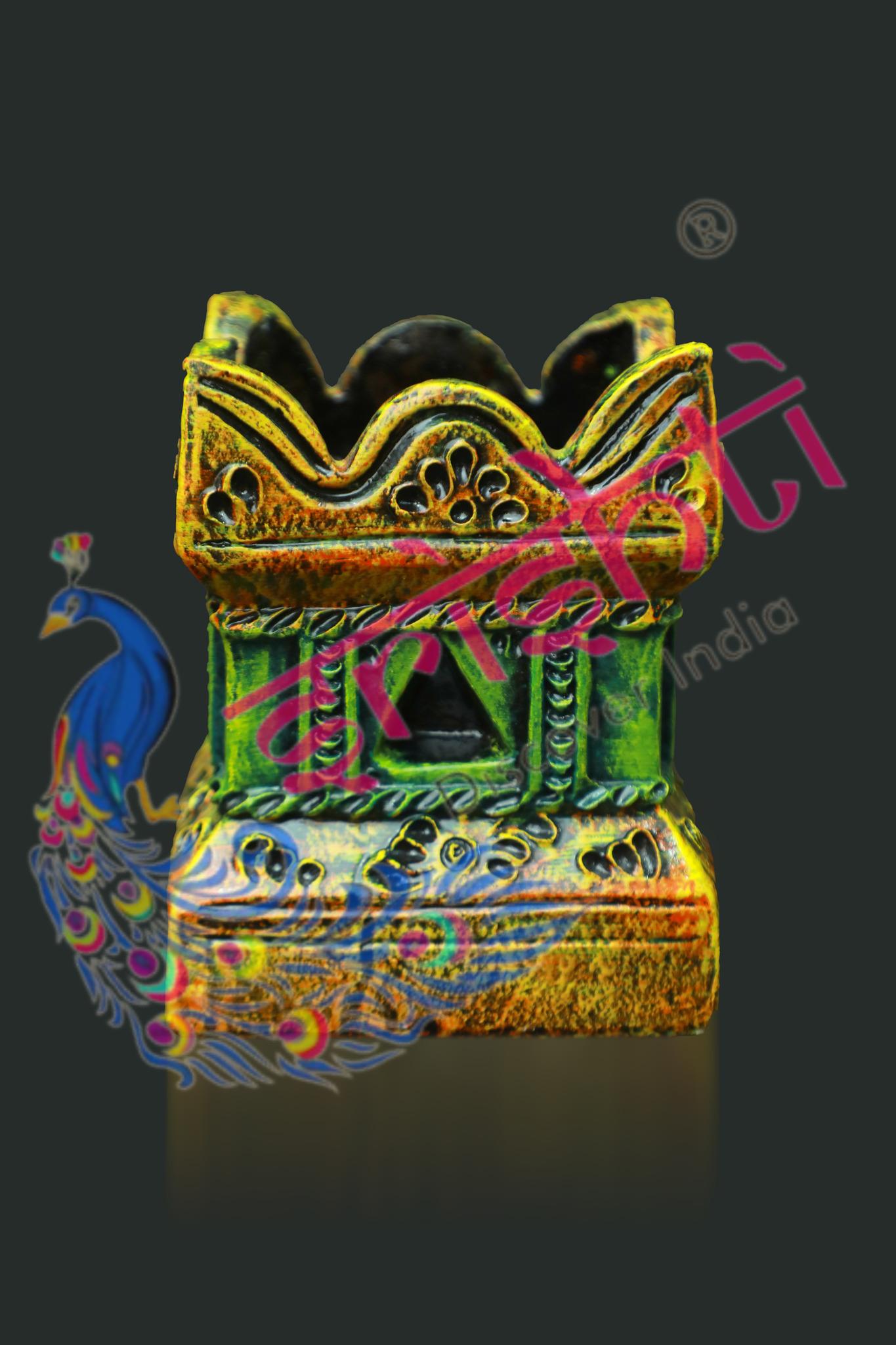 Clay Decor Tulasi Pot (Orange with Green)-7.5 Inches