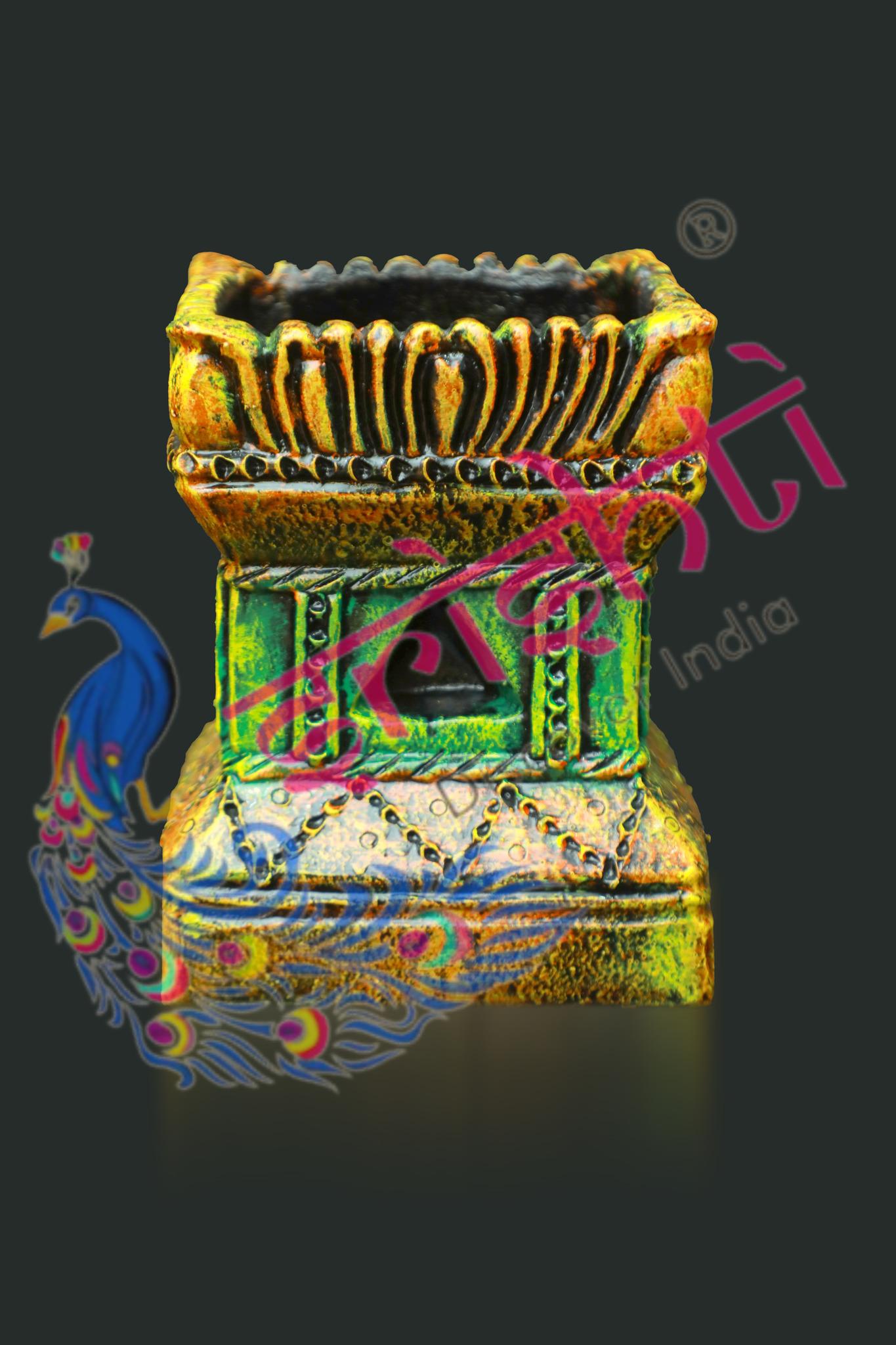 Clay Decor Tulasi Pot (Orange with Green)-9 Inches