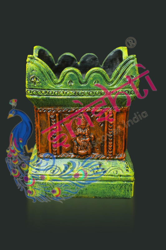 Clay Decor Tulasi Pot (Green with Orange)-12 Inches