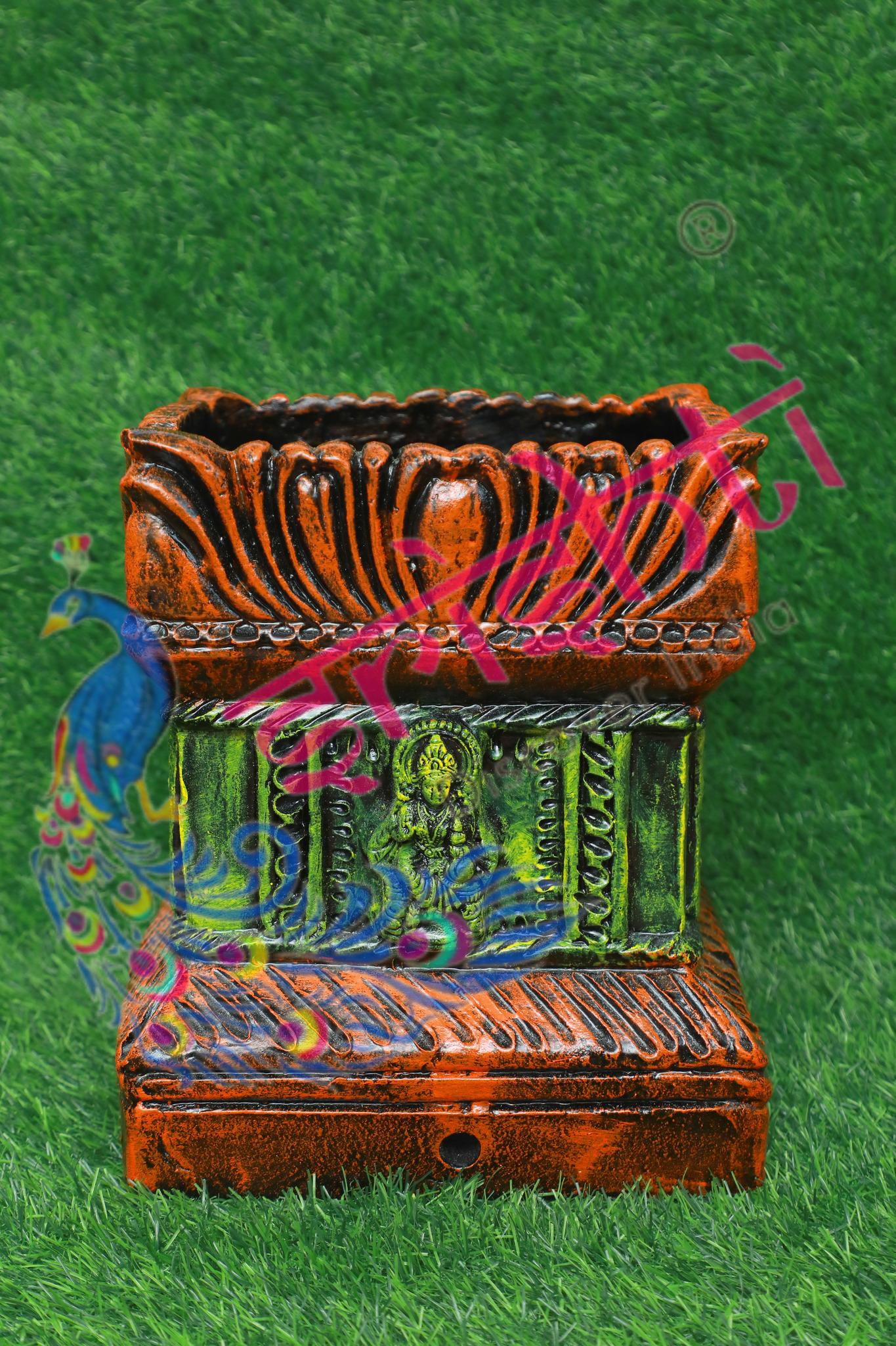 Clay Decor Tulasi Pot (Orange with Green)-12 Inches