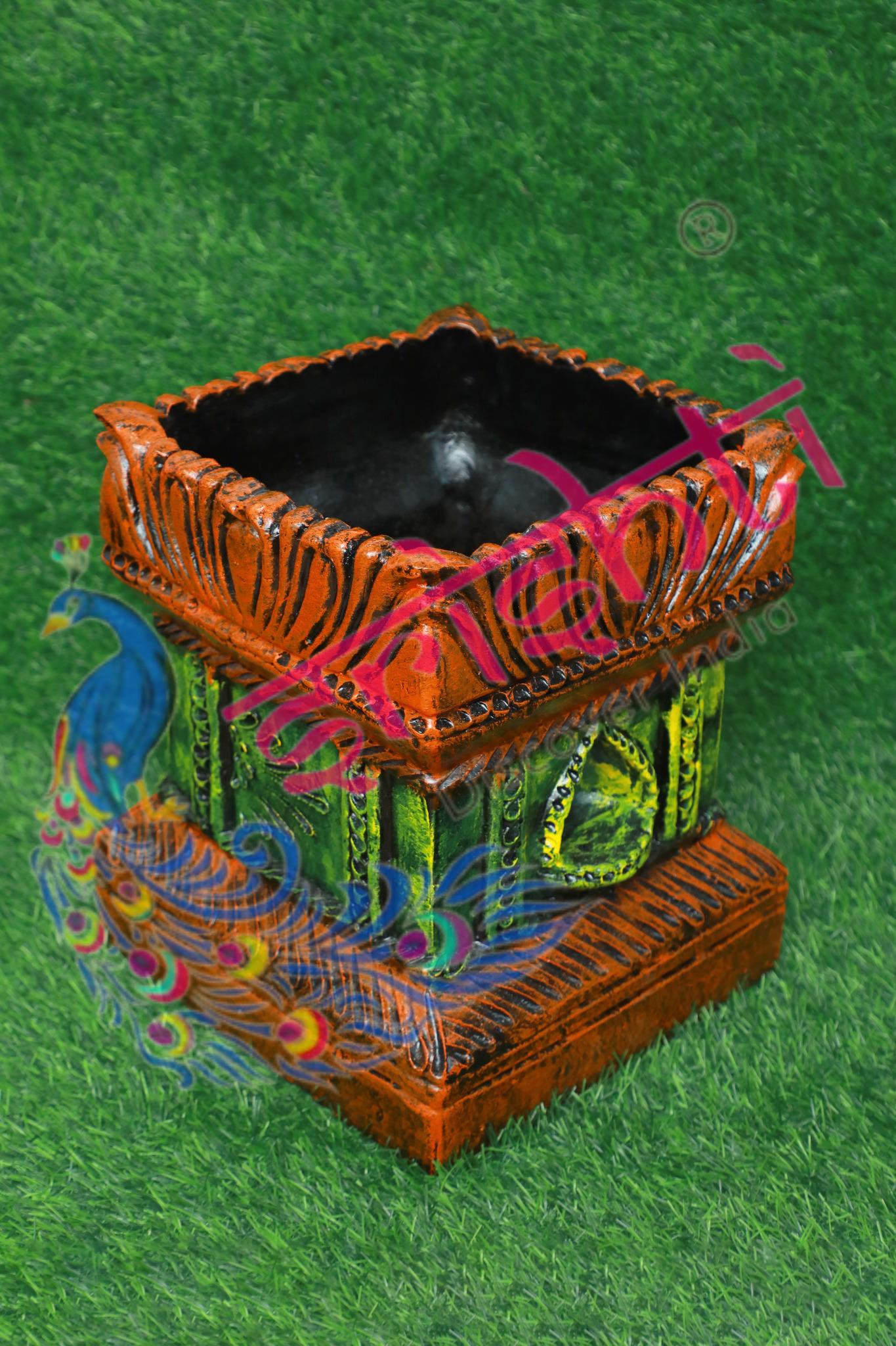 Clay Decor Tulasi Pot (Orange with Green)-12 Inches