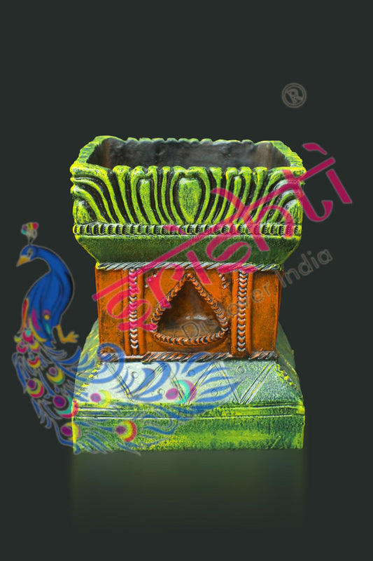 Clay Decor Tulasi Pot (Green with Orange)-14 Inches