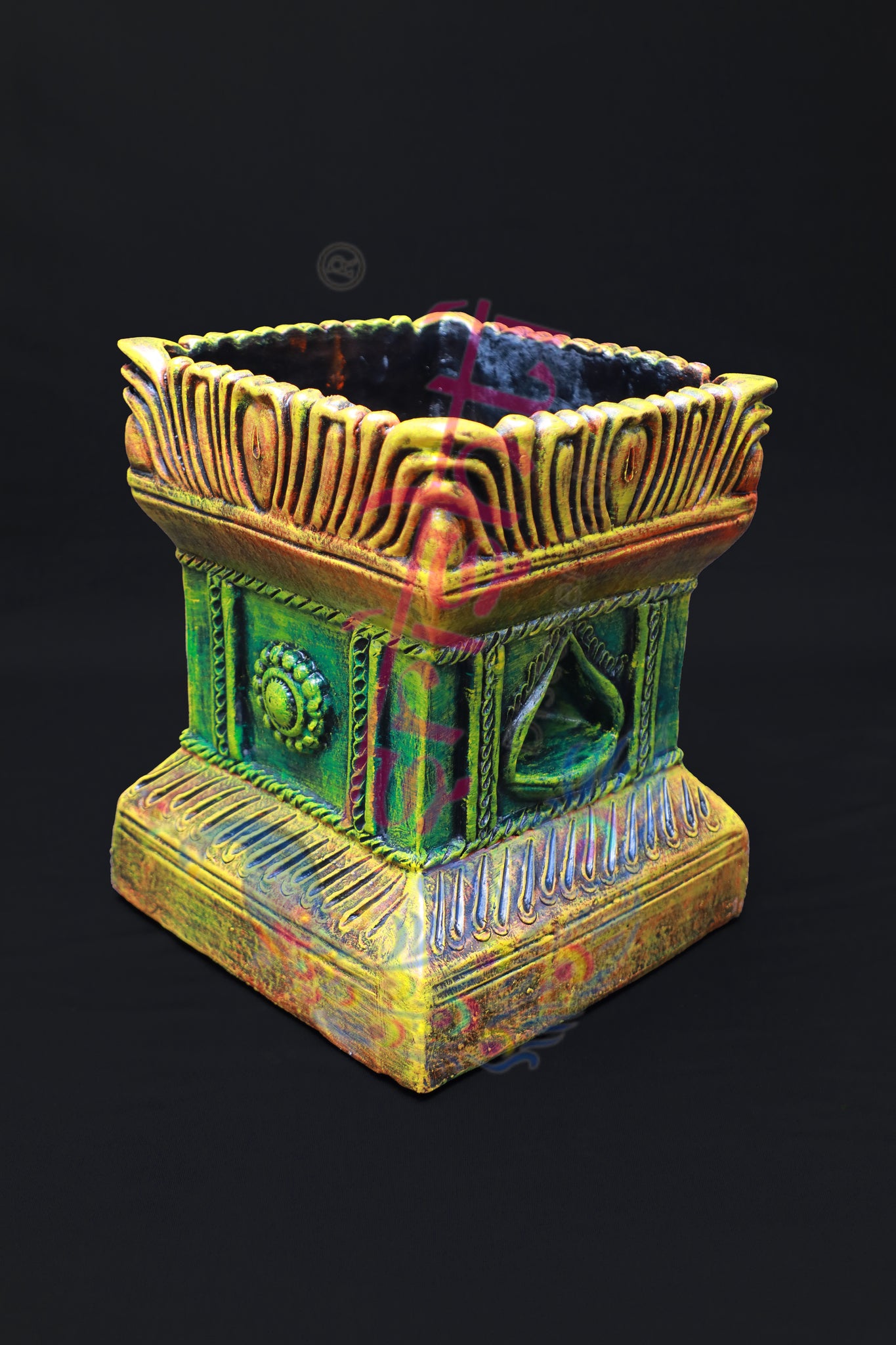 Clay Decor Tulasi Pot (Orange with Green)-14 Inches
