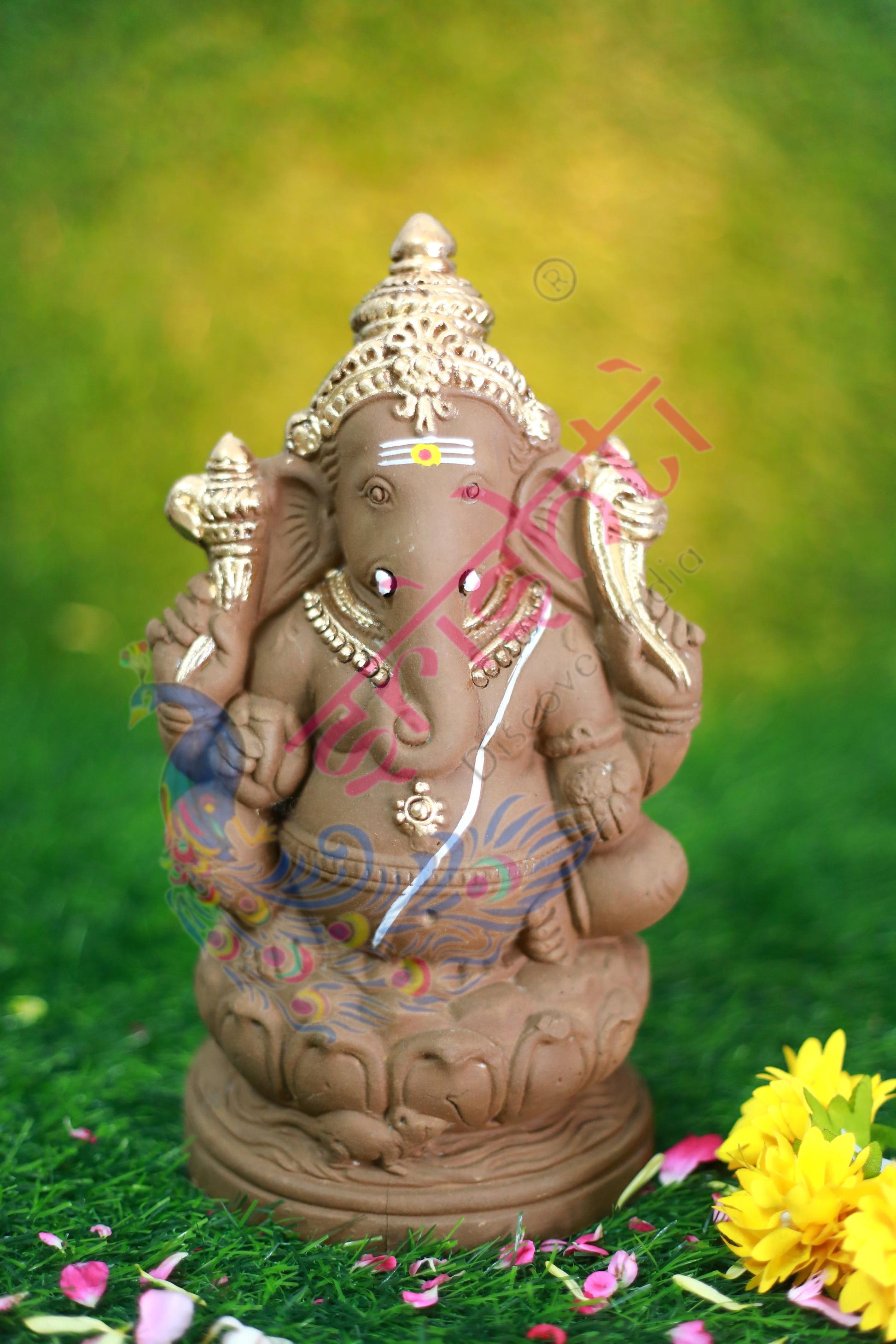 Clay Lotus Ganesha Gold Color-9.5 Inches