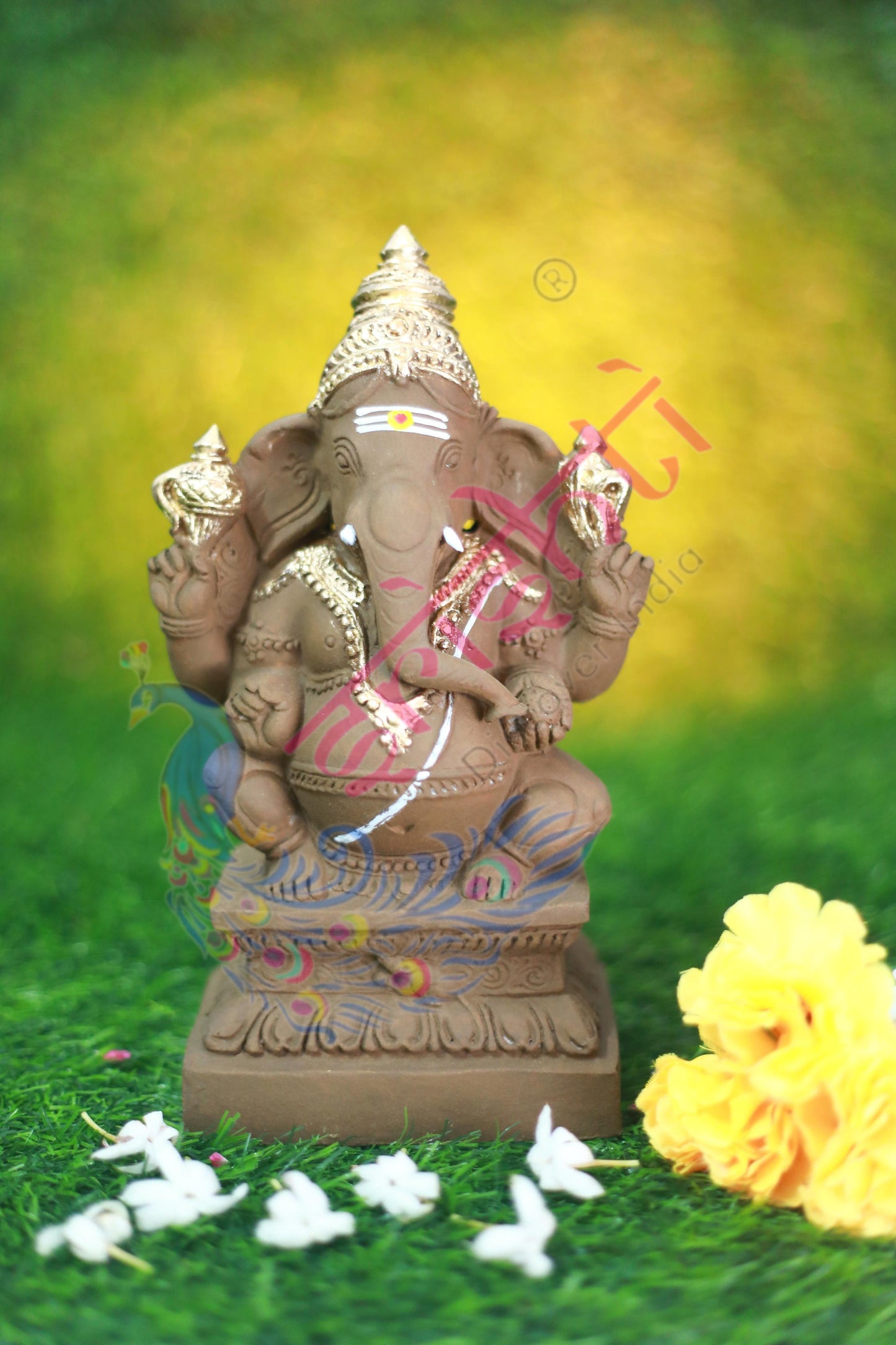 Clay Edampuri Ganesha Gold-9 Inches