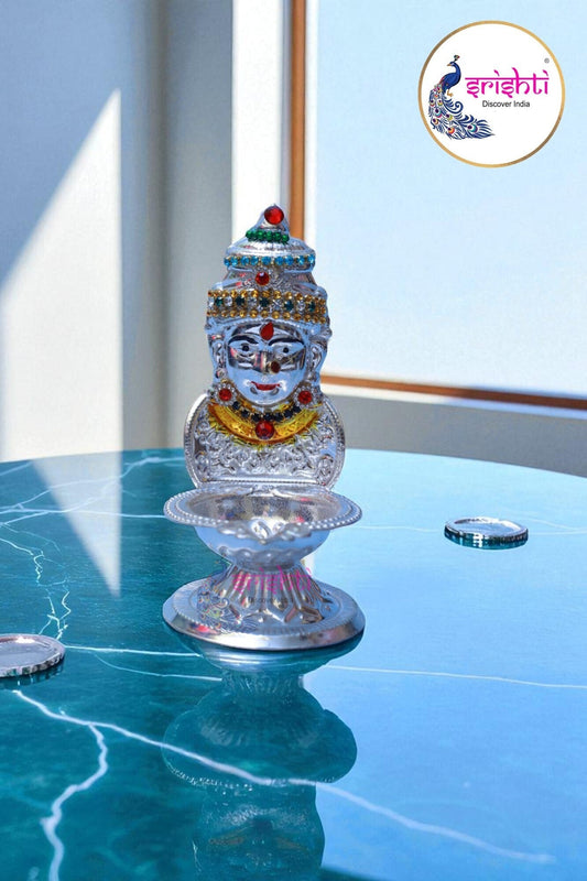Varalakshmi Goddess Face with Diya Metal Silver Plated-5 Inches