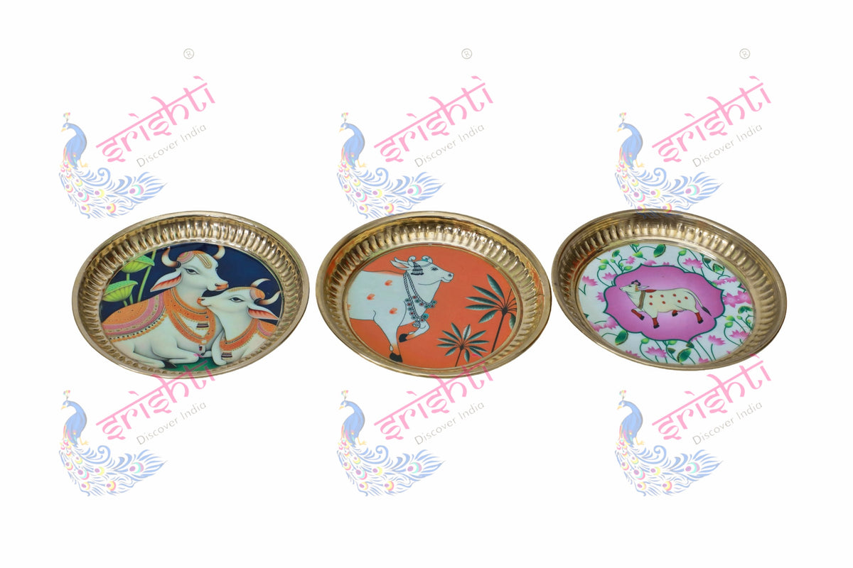 Brass plate/thali Assorted Cow Design Embossed-5.5 Inches