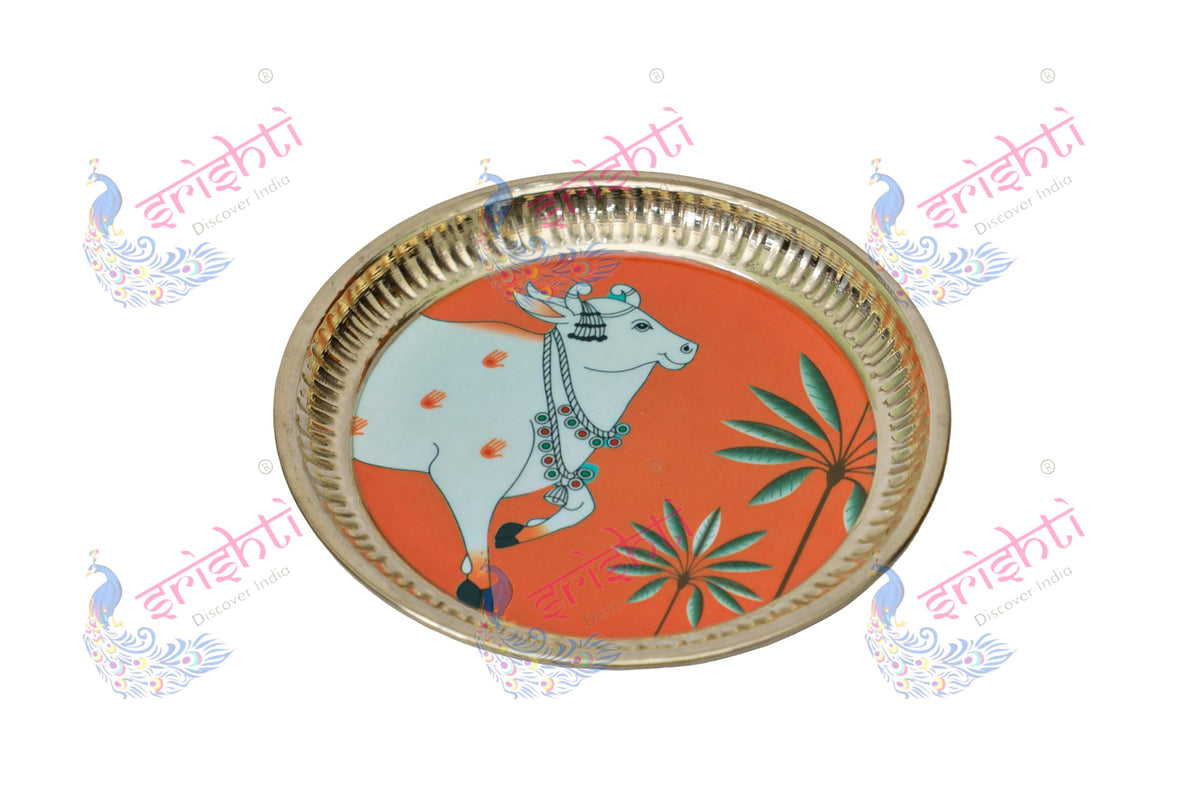 Brass plate/thali Assorted Cow Design Embossed-6.5 Inches
