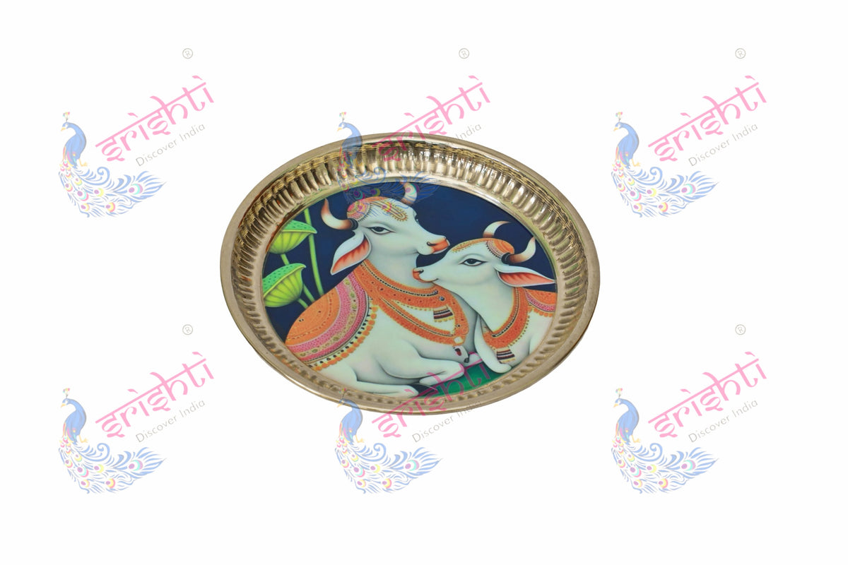 Brass plate/thali Assorted Cow Design Embossed-6.5 Inches