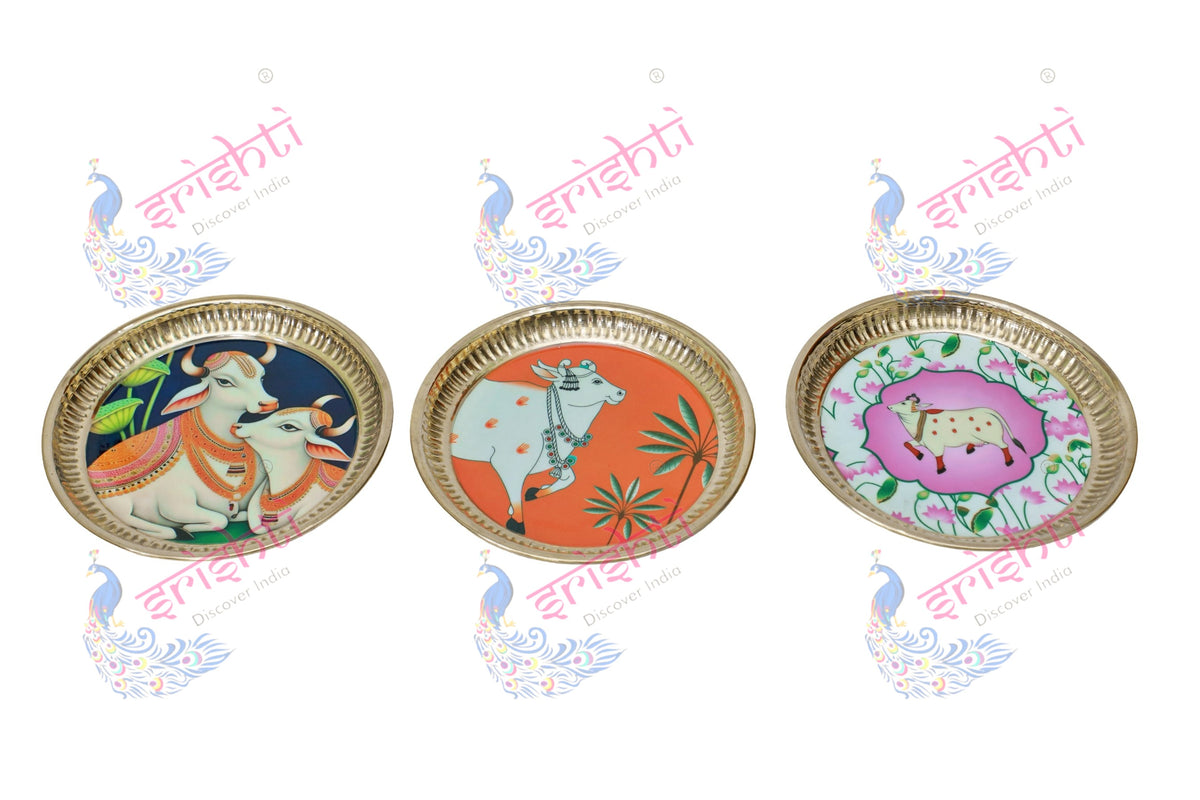 Brass plate/thali Assorted Cow Design Embossed-6.5 Inches