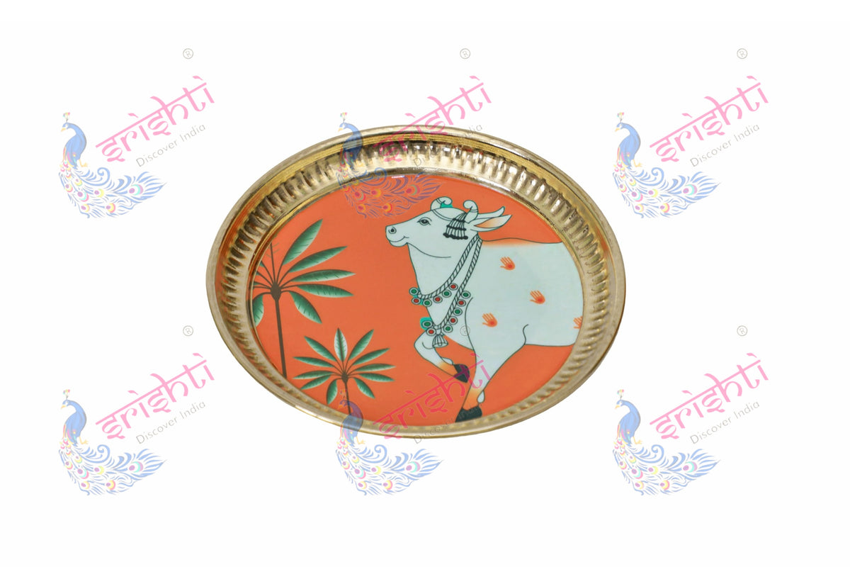 Brass plate/thali Assorted Cow Design Embossed-7 Inches