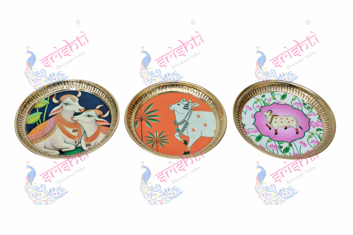 Brass plate/thali Assorted Cow Design Embossed-7 Inches