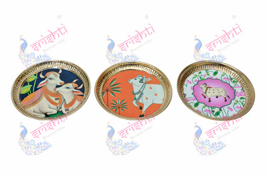 Brass plate/thali Assorted Cow Design Embossed-7 Inches
