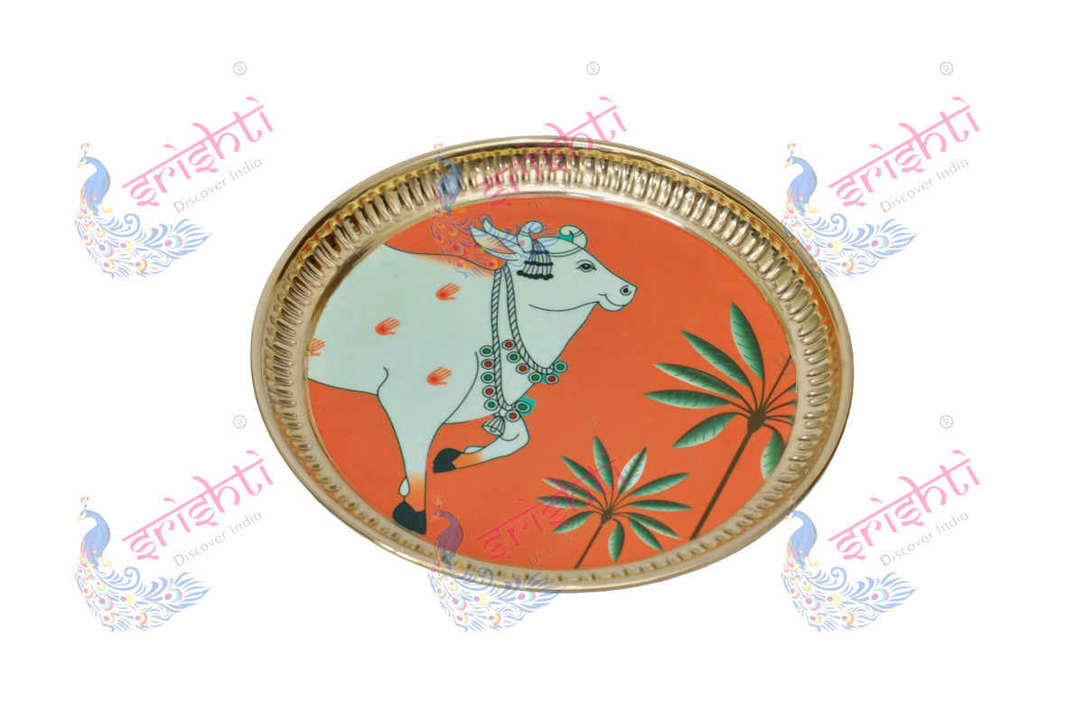 Brass plate/thali Assorted Cow Design Embossed-8.5 Inches