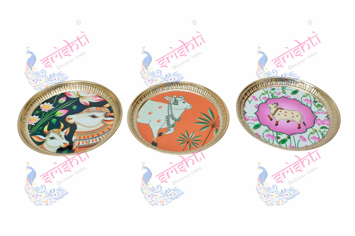 Brass plate/thali Assorted Cow Design Embossed-8.5 Inches