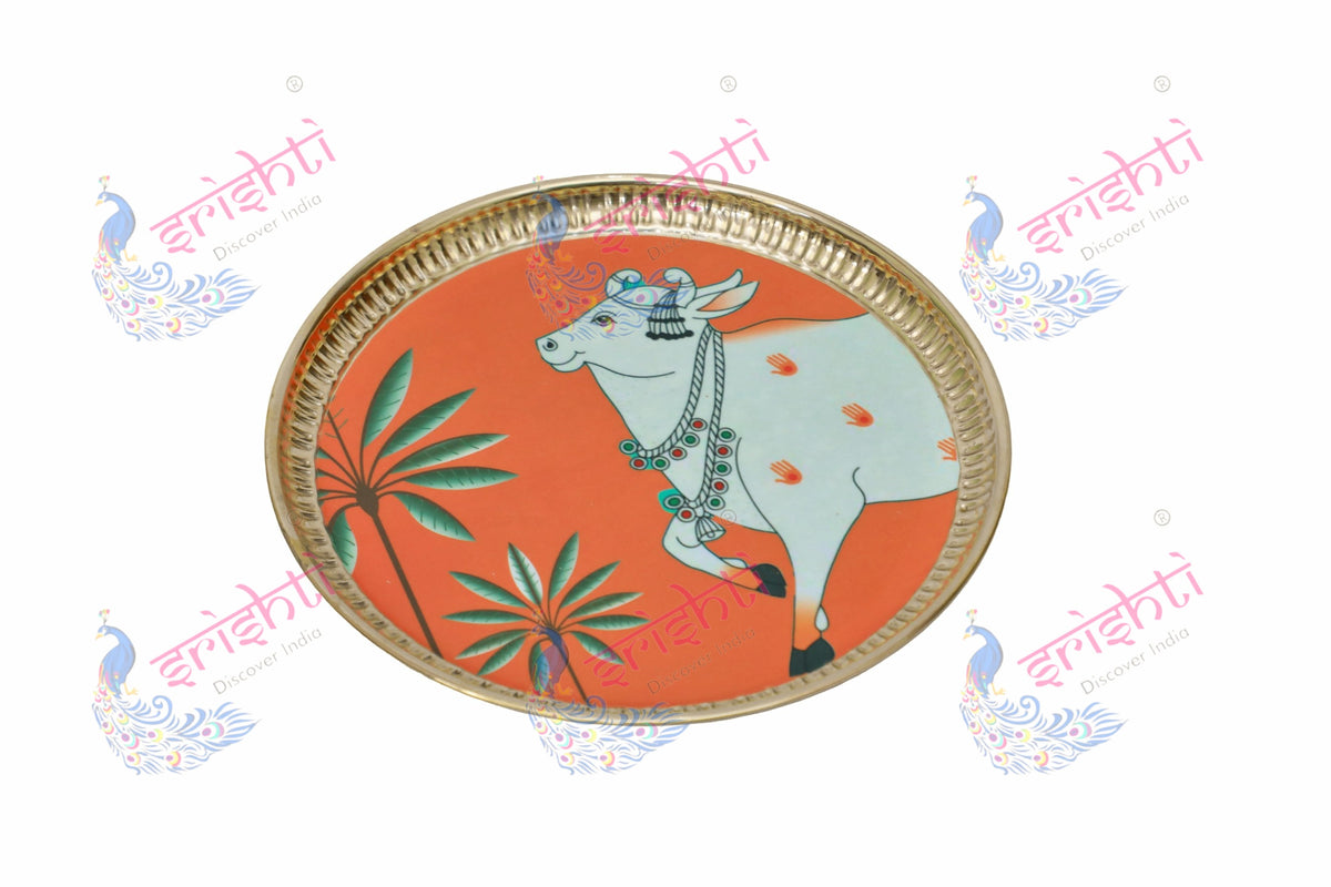 Brass plate/thali Assorted Cow Design Embossed-9 Inches