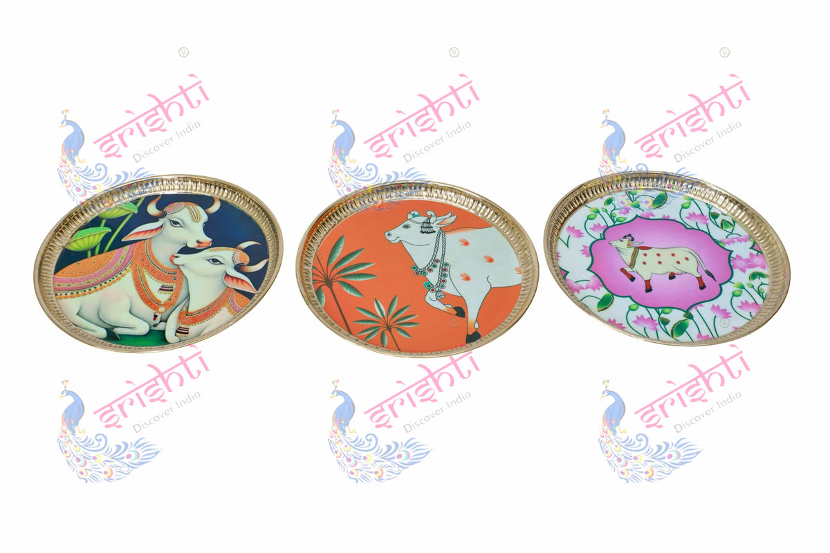 Brass plate/thali Assorted Cow Design Embossed-9 Inches