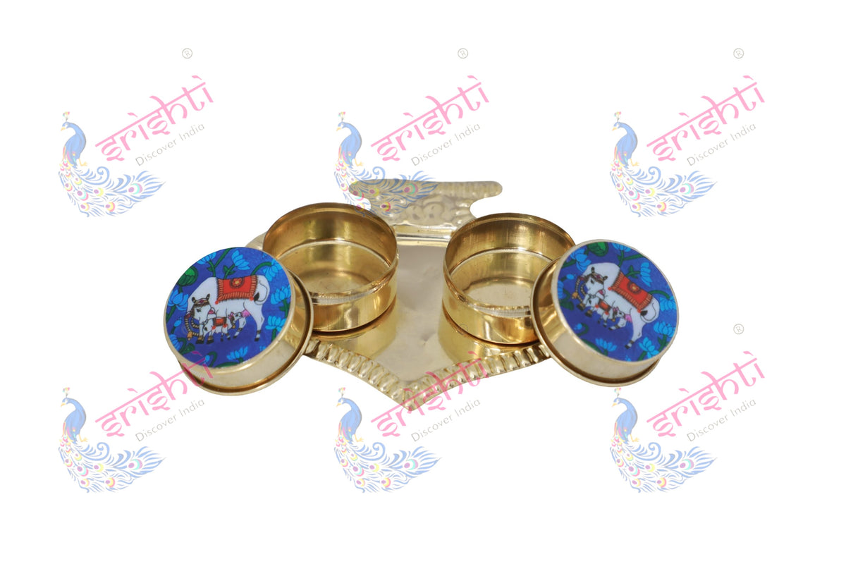 Brass Kumkum Container with plate/thali-4.5 Inches