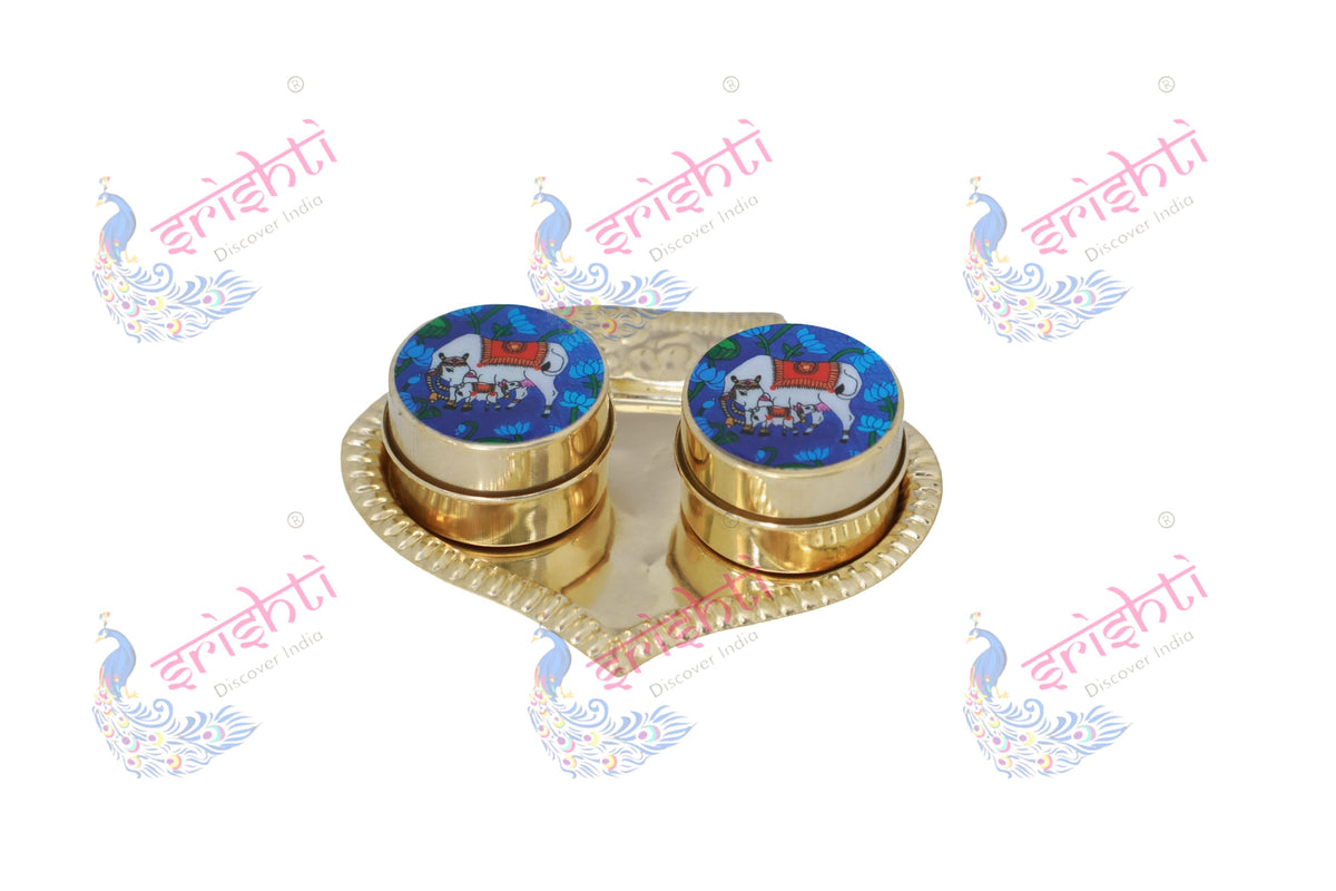 Brass Kumkum Container with plate/thali-4.5 Inches