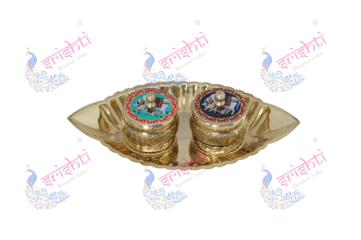 Brass Kumkum Container with plate/thali-7 Inches