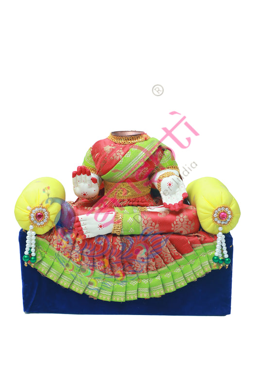 Varalakshmi Goddess Dress with Wooden Stand(Red with Blue)-9.5 Inches
