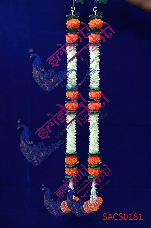 Artificial Marigold Strings Pair (White with Orange)-36 Inches